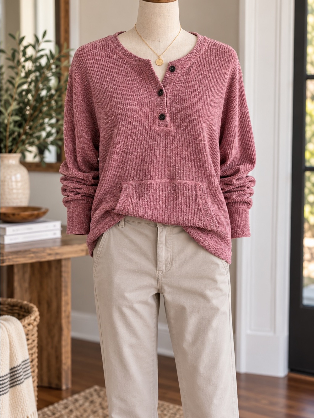 Women’s Rose Knit Henley Sweater